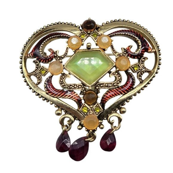 Gold Plated Enamel Heart Center Green Chalcedony Dangle Glass Rhinestone Accents - Picture 5 of 9